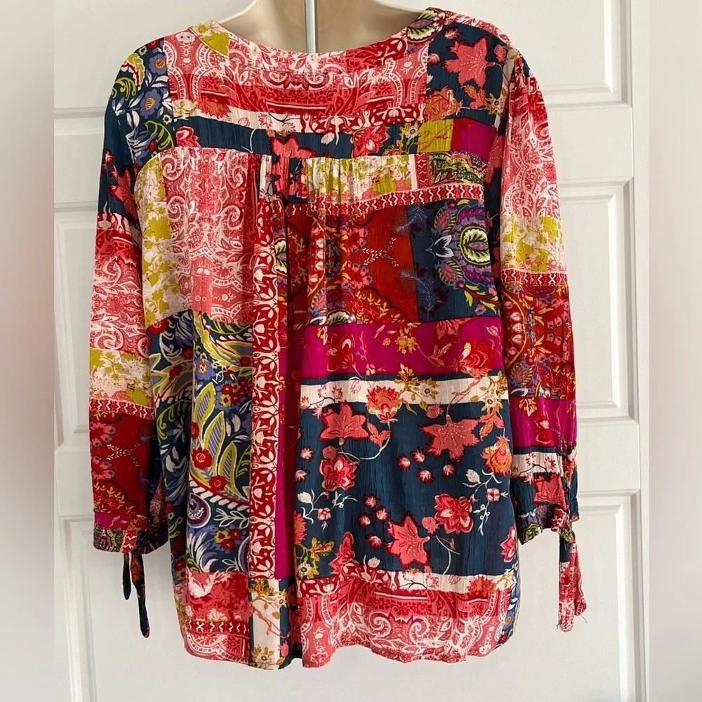 Jones New York Patchwork Floral Paisley Boho Blouse 3/4 Tie Sleeve 1X